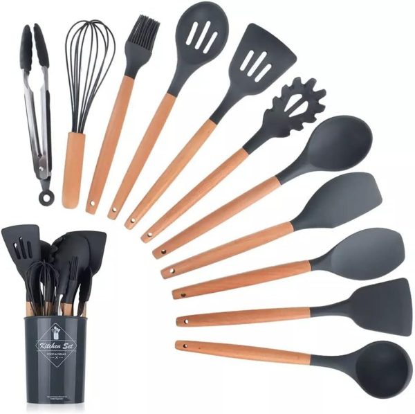 12 Pcs Silicone Cooking Utensils Kitchen Set | Heat Resistant Non Toxic Spatula Set With Turner Tongs,spoon,brush,whisk Wooden Handle Random Color - Elite Chooice