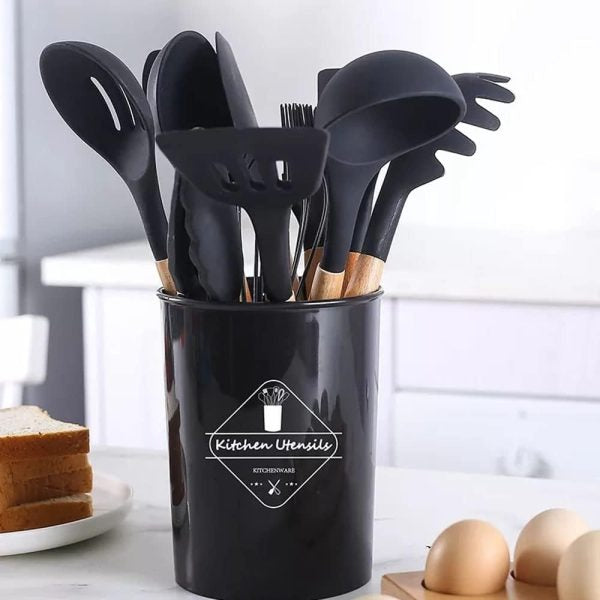 12 Pcs Silicone Cooking Utensils Kitchen Set | Heat Resistant Non Toxic Spatula Set With Turner Tongs,spoon,brush,whisk Wooden Handle Random Color - Elite Chooice