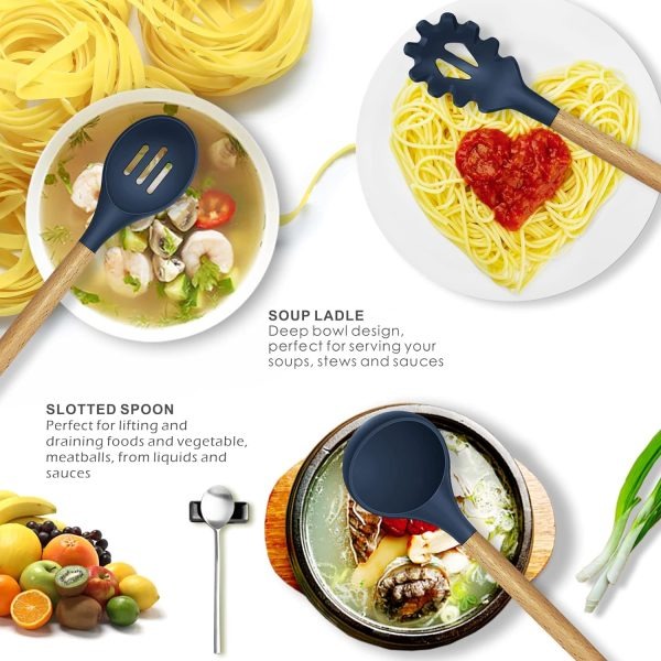 12 Pcs Silicone Cooking Utensils Kitchen Set | Heat Resistant Non Toxic Spatula Set With Turner Tongs,spoon,brush,whisk Wooden Handle Random Color - Elite Chooice