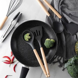 12 Pcs Silicone Cooking Utensils Kitchen Set | Heat Resistant Non Toxic Spatula Set With Turner Tongs,spoon,brush,whisk Wooden Handle Random Color - Elite Chooice