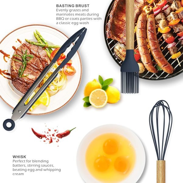 12 Pcs Silicone Cooking Utensils Kitchen Set | Heat Resistant Non Toxic Spatula Set With Turner Tongs,spoon,brush,whisk Wooden Handle Random Color - Elite Chooice