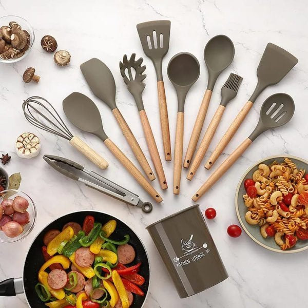 12 Pcs Silicone Cooking Utensils Kitchen Set | Heat Resistant Non Toxic Spatula Set With Turner Tongs,spoon,brush,whisk Wooden Handle Random Color - Elite Chooice